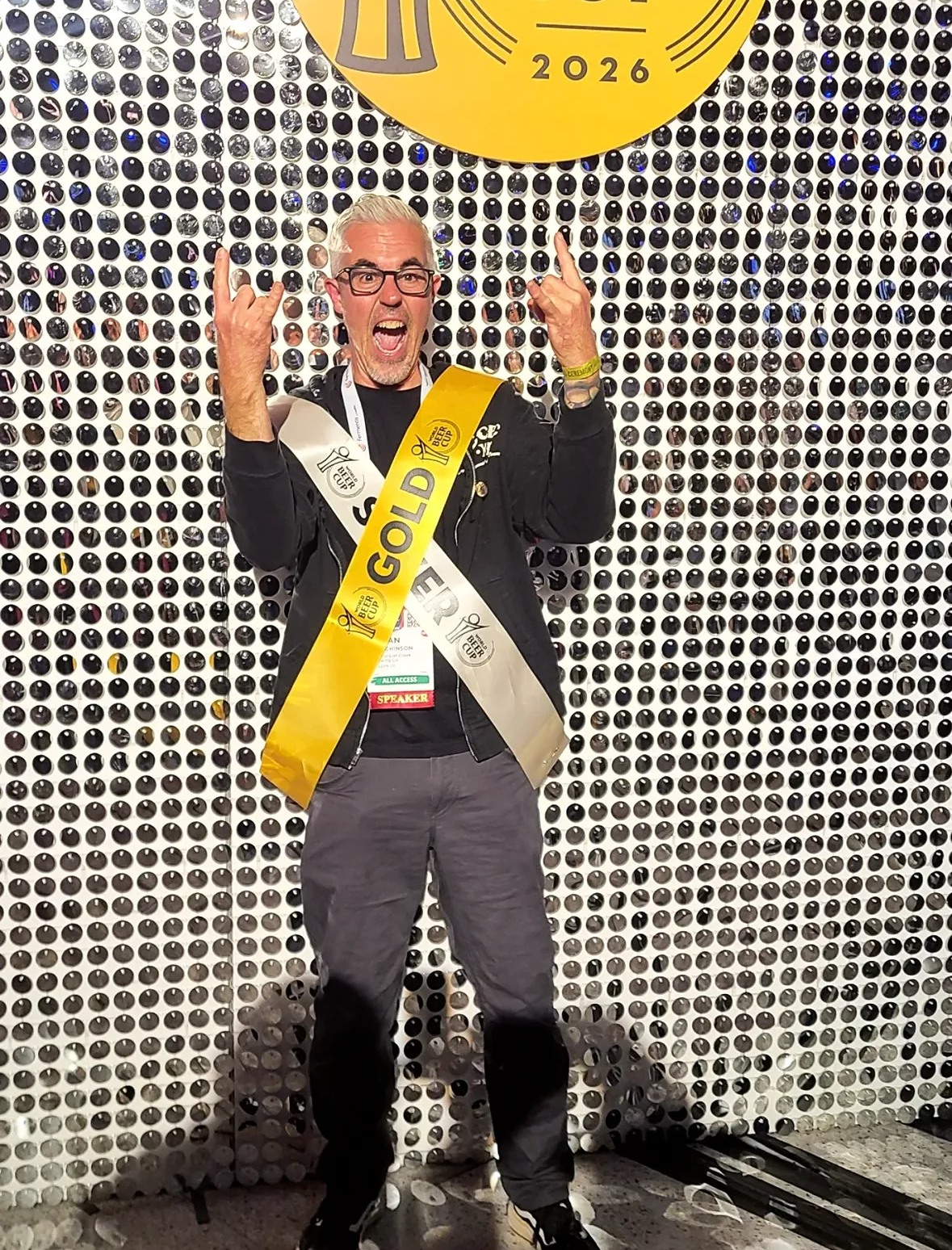 Brian Hutchinson of Cannonball Creek Brewing Co. celebrates his win at the 2026 World Beer Cup